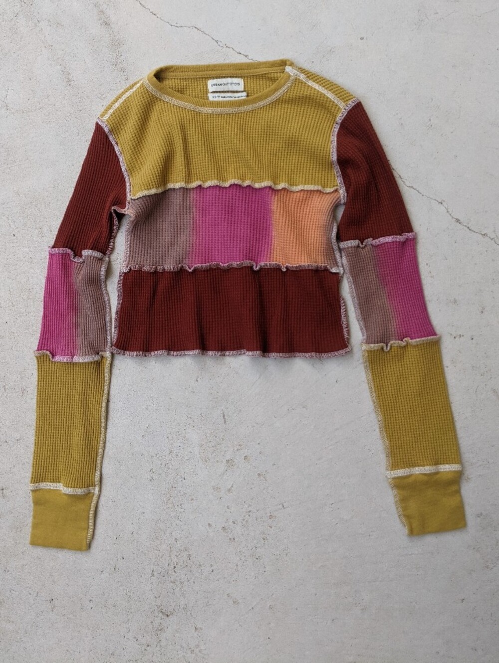 Urban Outfitters Pink + Yellow Multicolor Cute Patchwork Waffle Long-sleeve Top
